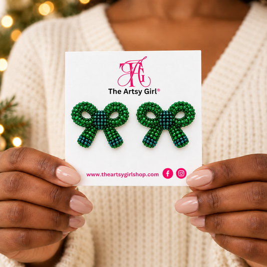 Green Pretty Bow Stud Earrings