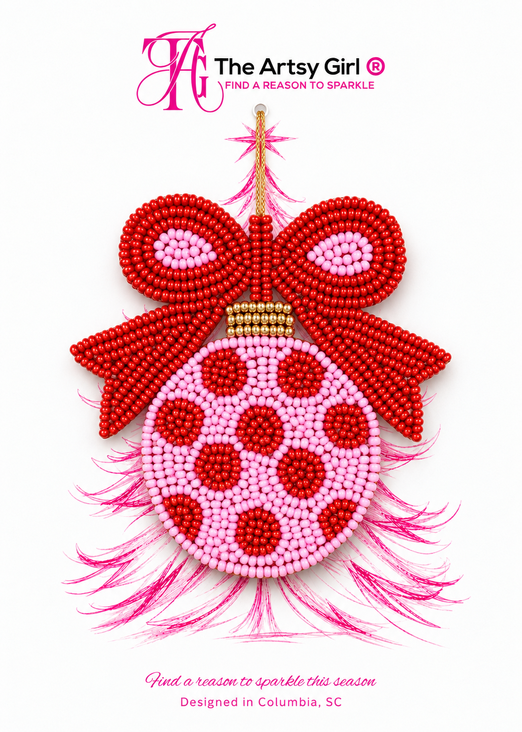 Pink and red beaded bow ornament displayed on The Artsy Girl packaging card with a sketched pink Christmas tree.