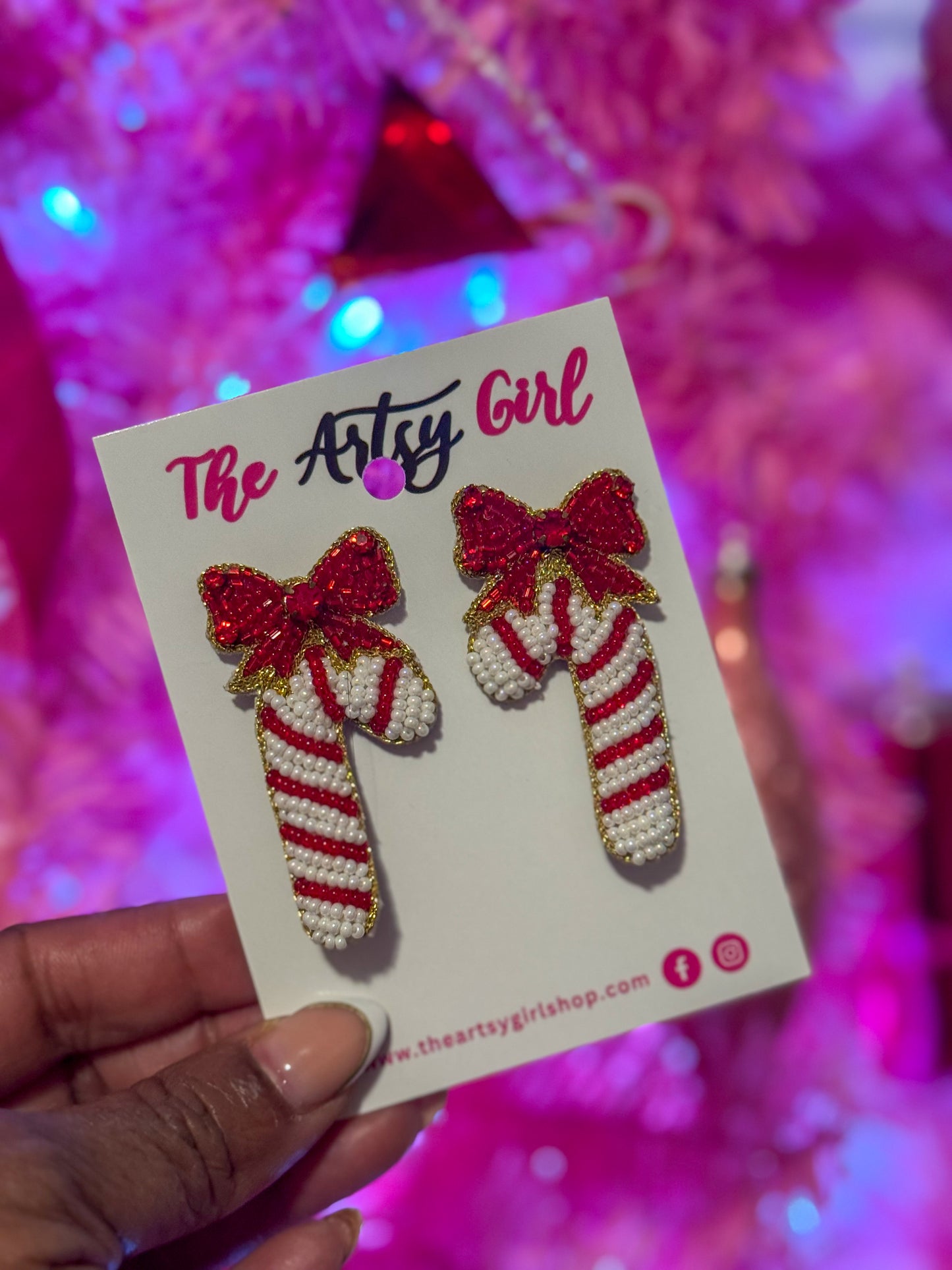 Holiday Sparkle Red Beaded Candy Cane Earrings