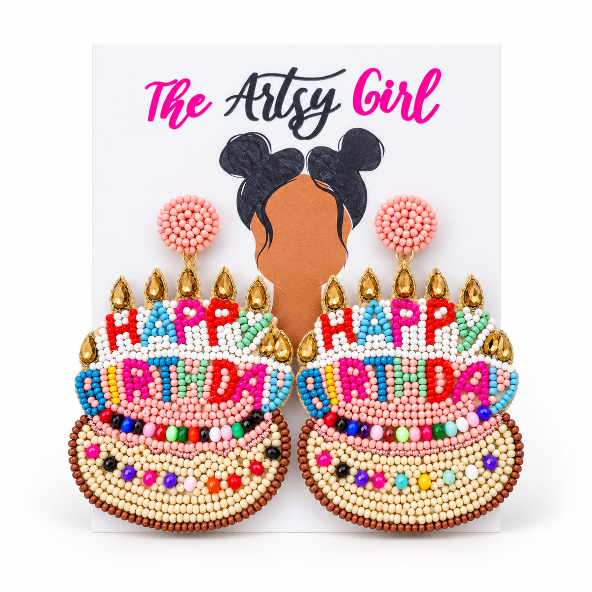 Colorful beaded birthday cake earrings with pink round studs, gold candle details, and ‘Happy Birthday’ lettering.