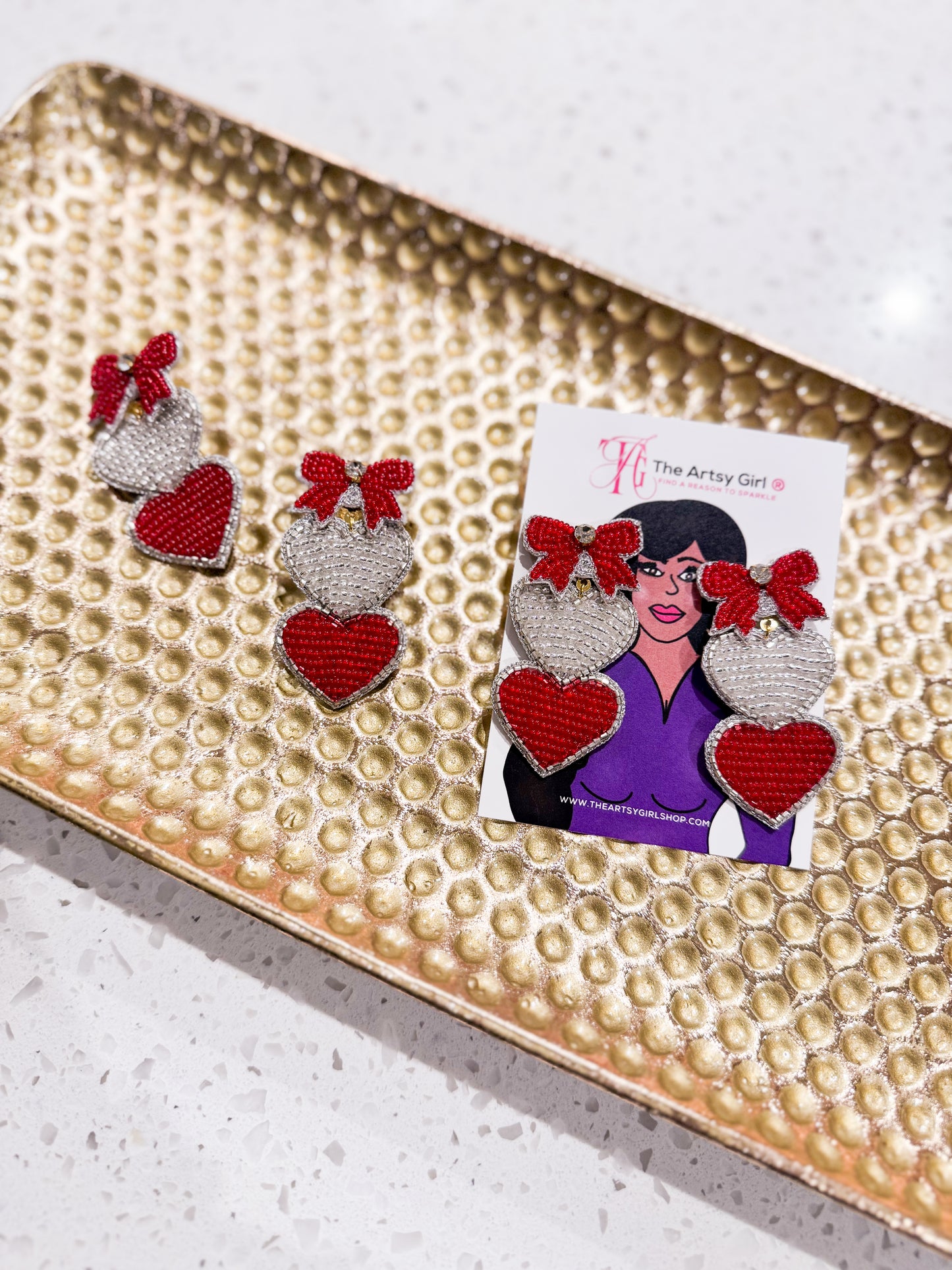 Red Hearts & Sparkles Beaded Earrings