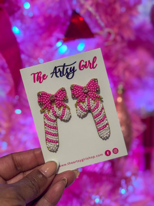 Holiday Sparkle Pink Beaded Candy Cane Earrings