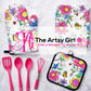 Kitchen utensils and accessories with floral designs and 'The Artsy Girl' branding on a marble surface.