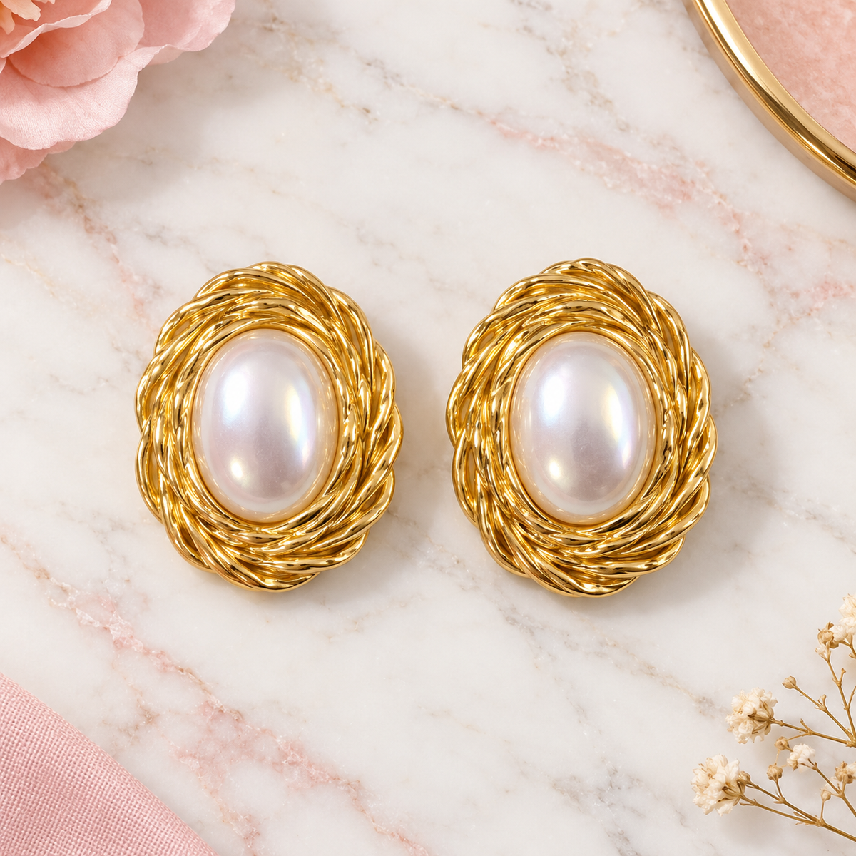 A pair of gold-toned oval earrings with large white pearl centers, arranged on a white marble surface with soft pink floral props.
