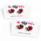 Two white display cards showing the same pair of Gamecock inspired stud earrings from different angles on a clean white background. The cards are branded 'The Artys Girl' in pink and black script, with 'HANDCRAFTED + HYOALLERGGENIC' printed below.