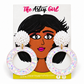 A pair of large circular hoop earrings with white pom-pom bead tops and iridescent glittery white hoops, displayed on a branded retail card that reads 'The Artcy Girl'.