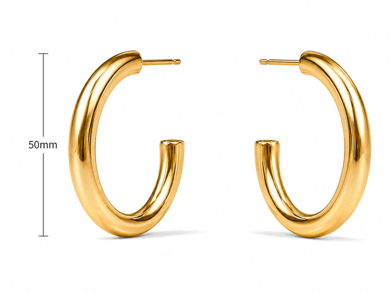 A pair of polished gold hoop earrings shown on a white background, with a vertical measurement marker indicating 50mm height.
