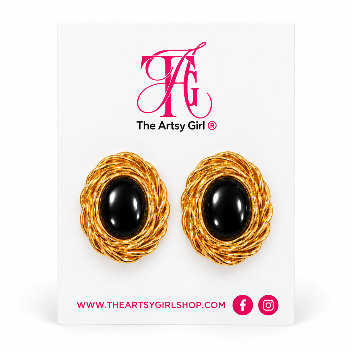 A pair of gold and black stud earrings displayed on a white backing card. The earrings feature a textured gold twisted border surrounding a smooth black oval center.