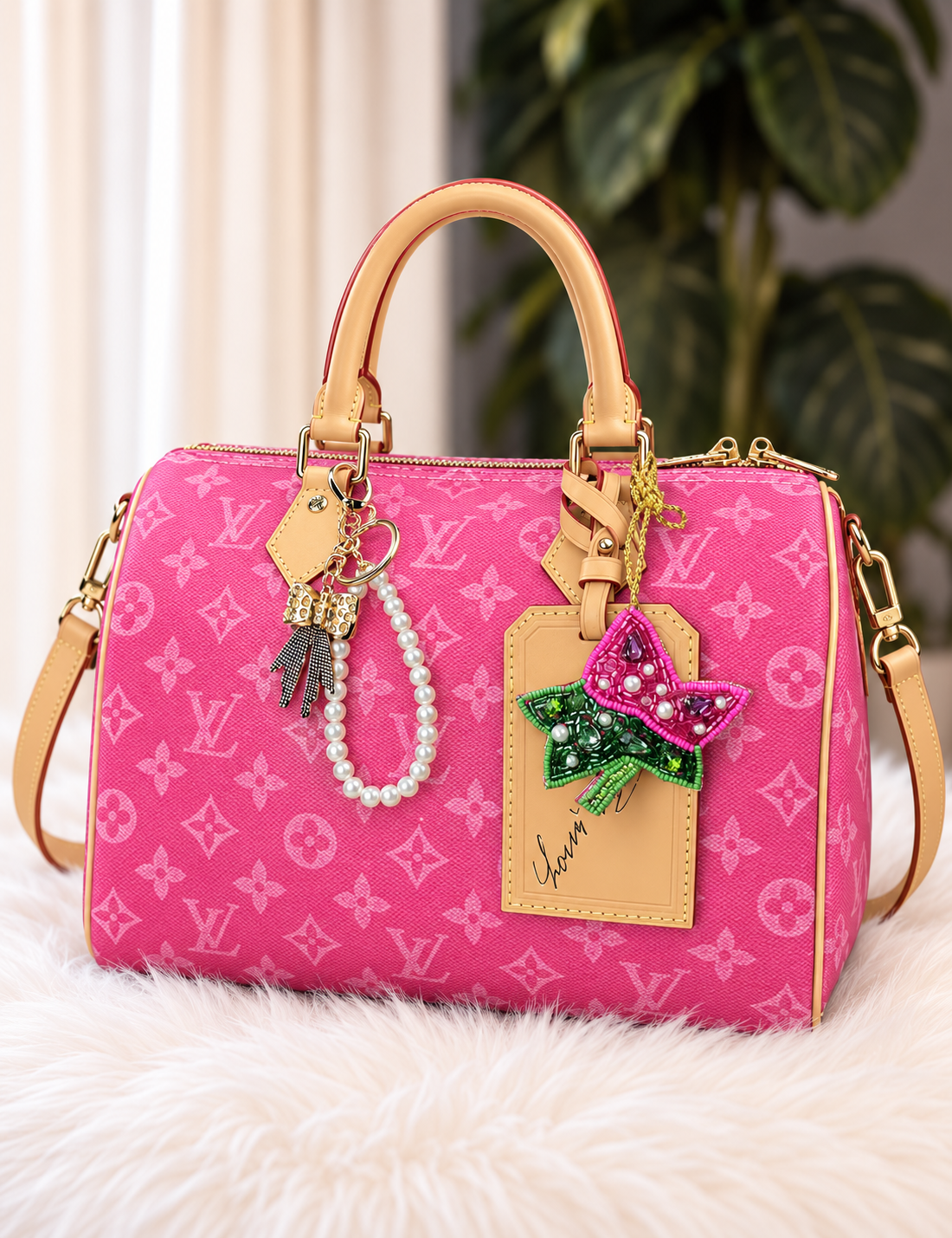 A pink Louis Vuitton monogram handbag with tan leather handles and a pearl keychain charm, displayed on a white faux fur surface with a blurred green plant in the background.