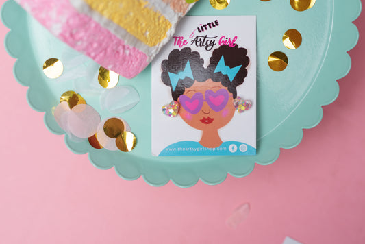 The Little Artsy Girl earring card showing heart studs for a little girl. 