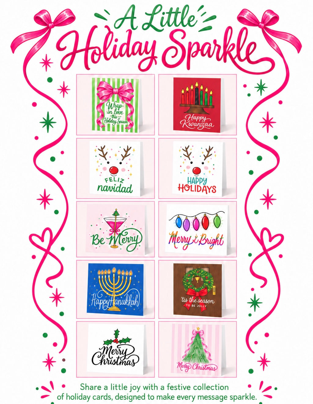A festive holiday card collection display titled 'A Little Holiday Sparkle' with ten different greeting card designs arranged in a grid. The cards feature holiday motifs such as reindeer, menorahs, Christmas trees, and 'Merry Christmas' messages in various colors.