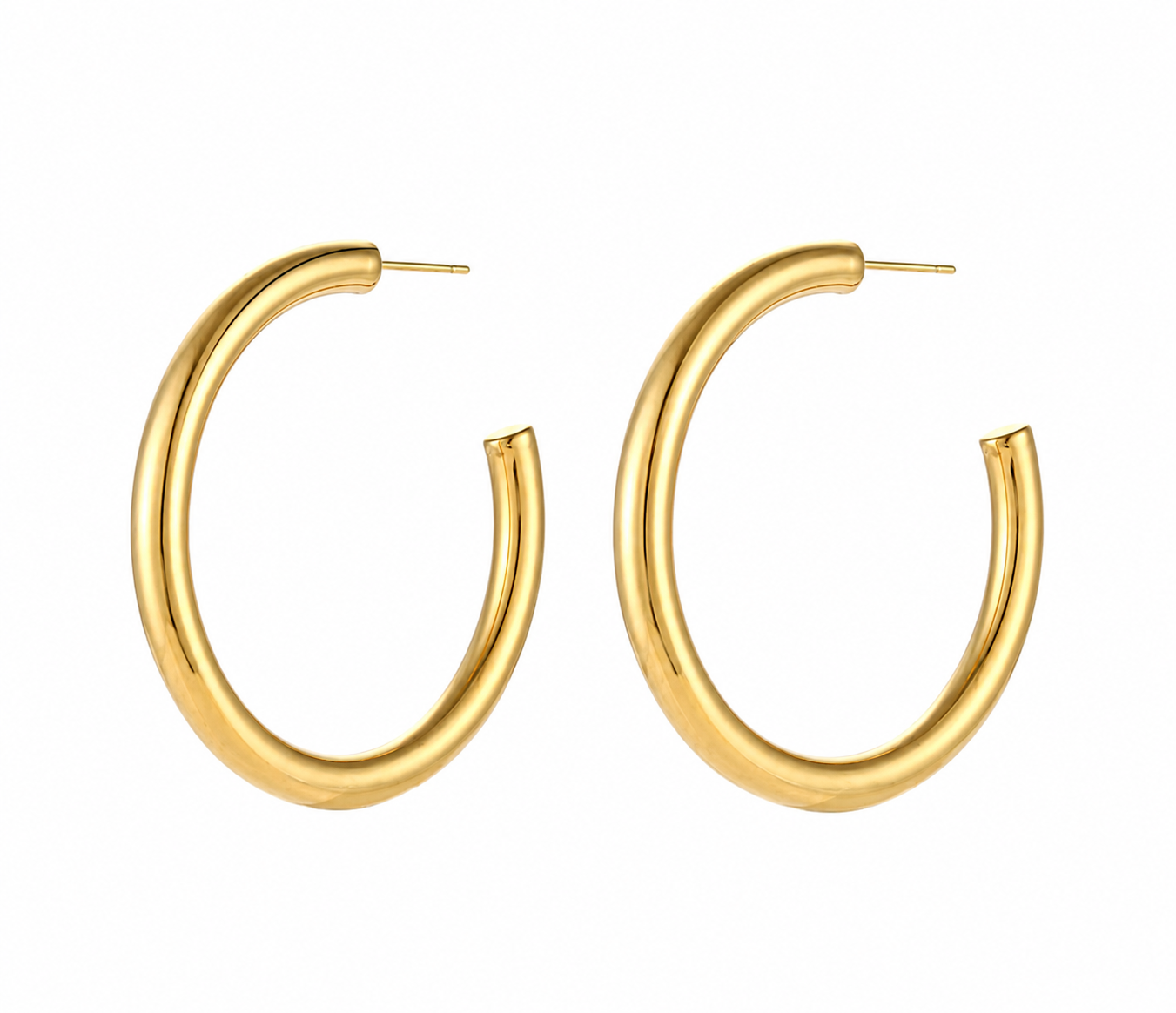 A pair of gold water proof hoop earrings with a split opening, shown on a plain white background.