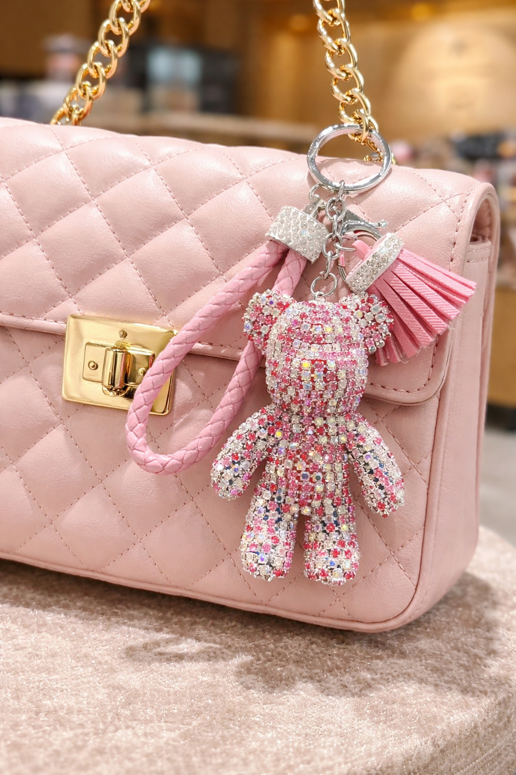 Miss Sparkle Bear crystal teddy bear bag charm with wristlet loop and tassel detail