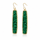 A pair of gold-tone drop earrings with rectangular green glitter panels, shown on a clean white background.