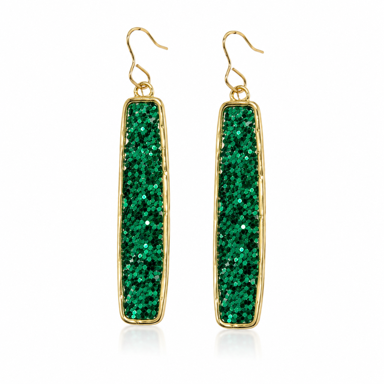 A pair of gold-tone drop earrings with rectangular green glitter panels, shown on a clean white background.
