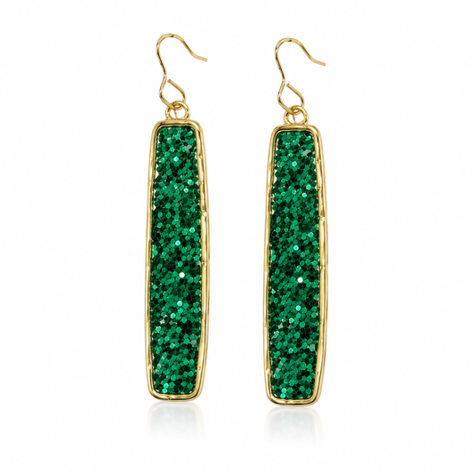 A pair of gold-tone drop earrings with rectangular green glitter panels, shown on a clean white background.