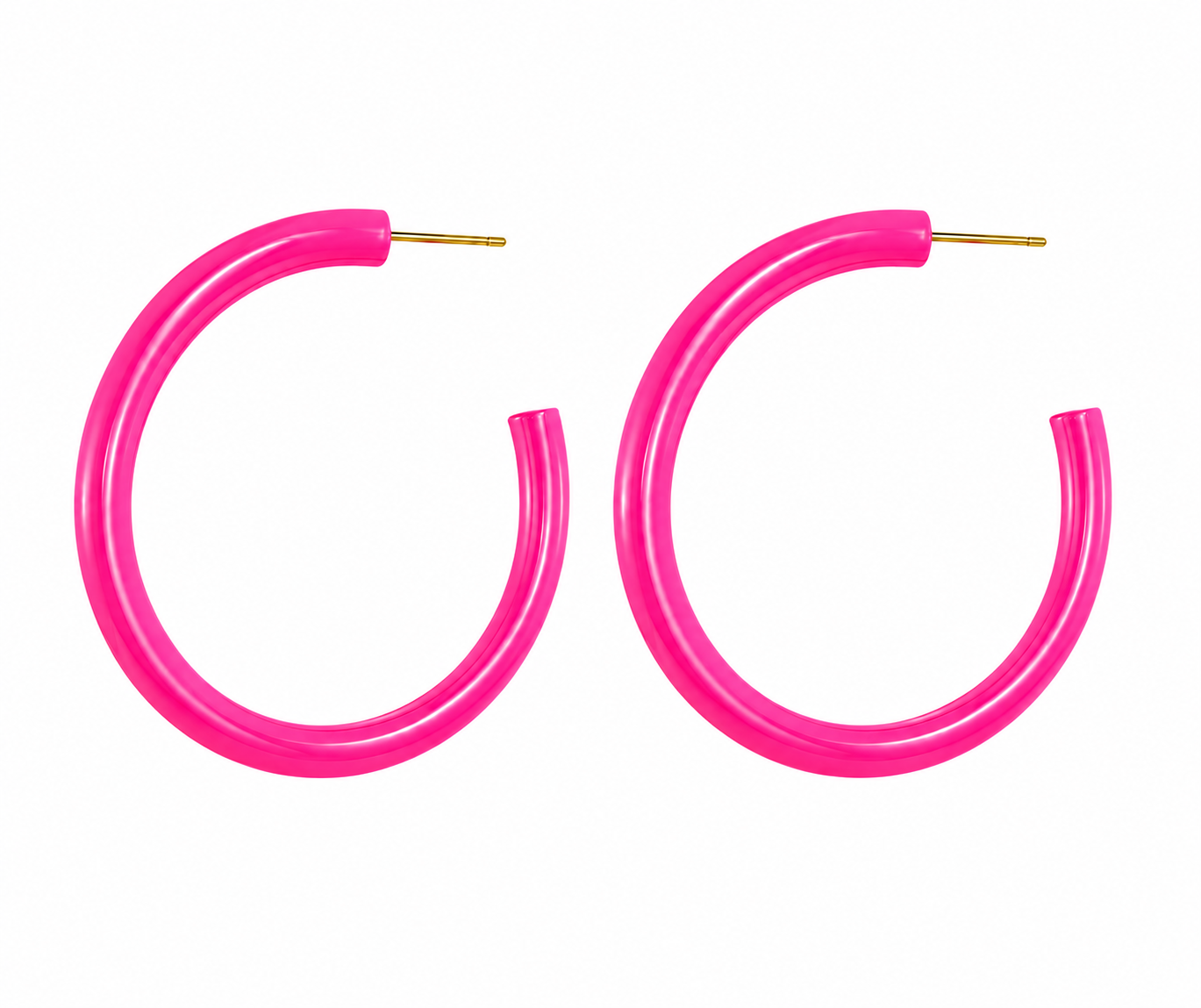A pair of open hoop earrings made of glossy hot pink material with gold-tone posts, displayed against a solid white background.