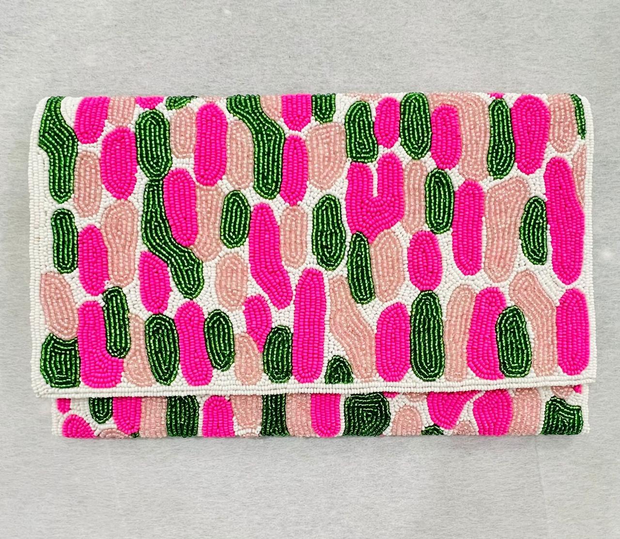 Pink and green beaded clutch