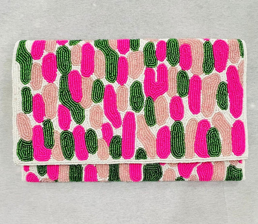 Pink and green beaded clutch