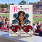 A pair of beaded SC Bulldogs drop earrings on a white display card from 'The Artsy Girl', set against a blurred background of a football stadium.