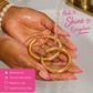 A pair of thick gold hoop earrings held in cupped hands under running water, with pink text overlays reading 'Made to Shine Everywhere' and feature callouts for waterproof and tarnish resistance.