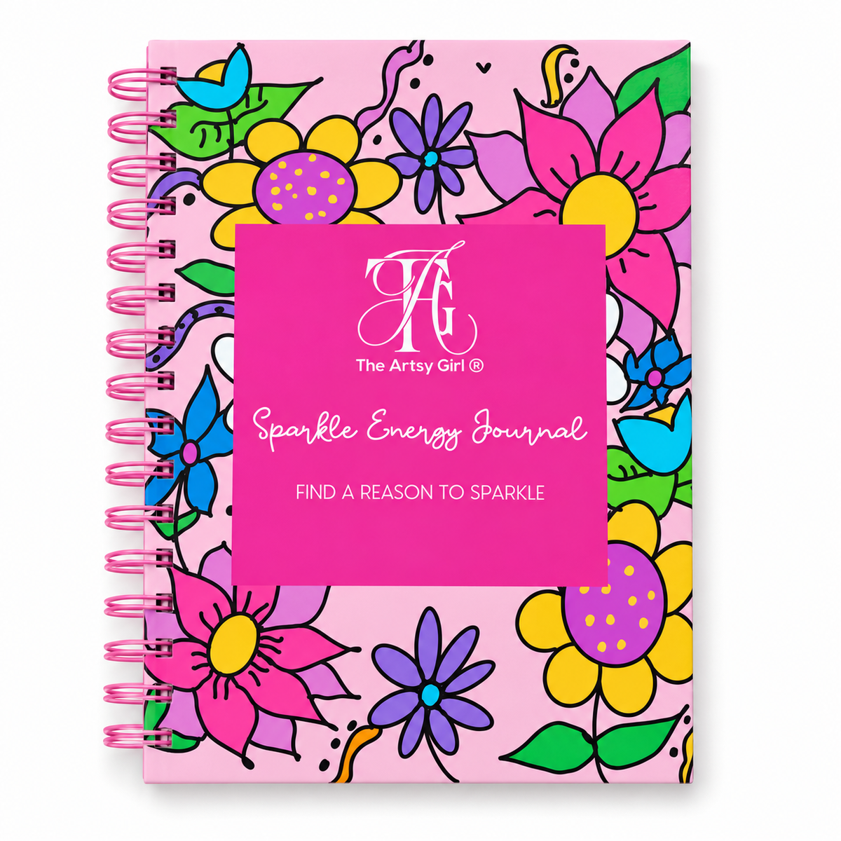 The Artsy Girl Sparkle Energy Journal with a colorful floral cover, hot pink label, and pink spiral binding on white background 