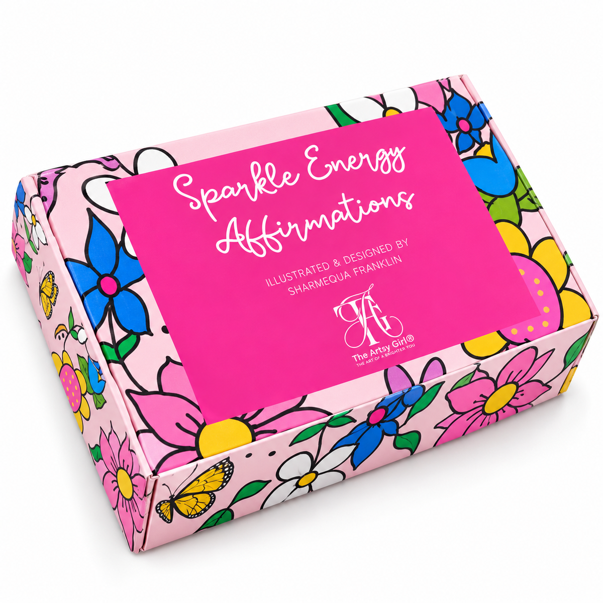 Sparkle Energy affirmation card box by The Artsy Girl with colorful floral artwork and a hot pink label on white.