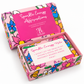 Open floral Sparkle Energy Notes box showing a pink-bordered introductory card inside.