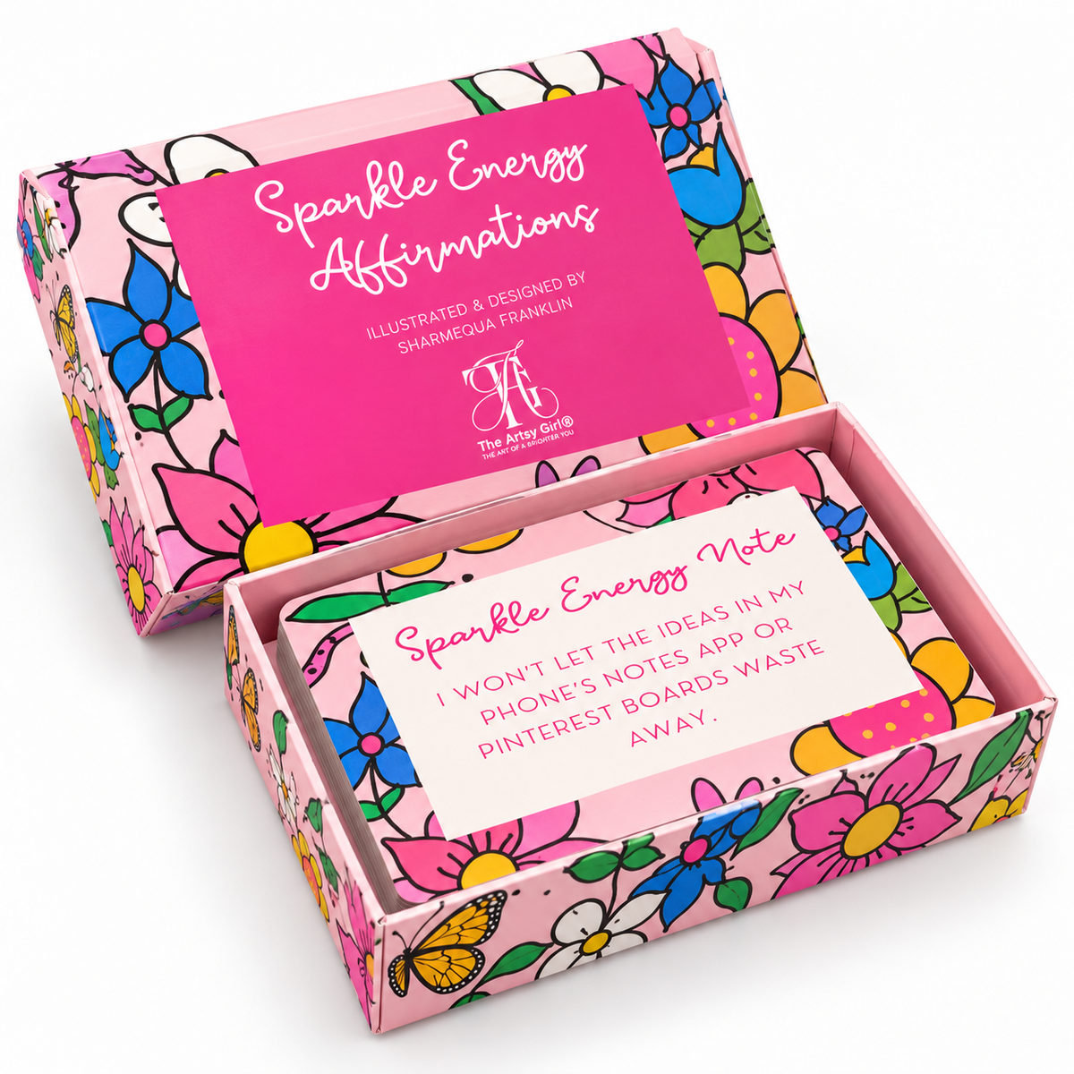 Open floral Sparkle Energy Notes box showing a pink-bordered introductory card inside.