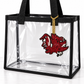 Garnet, black, and silver beaded Gamecock charm hanging from a clear game-day tote with black trim.