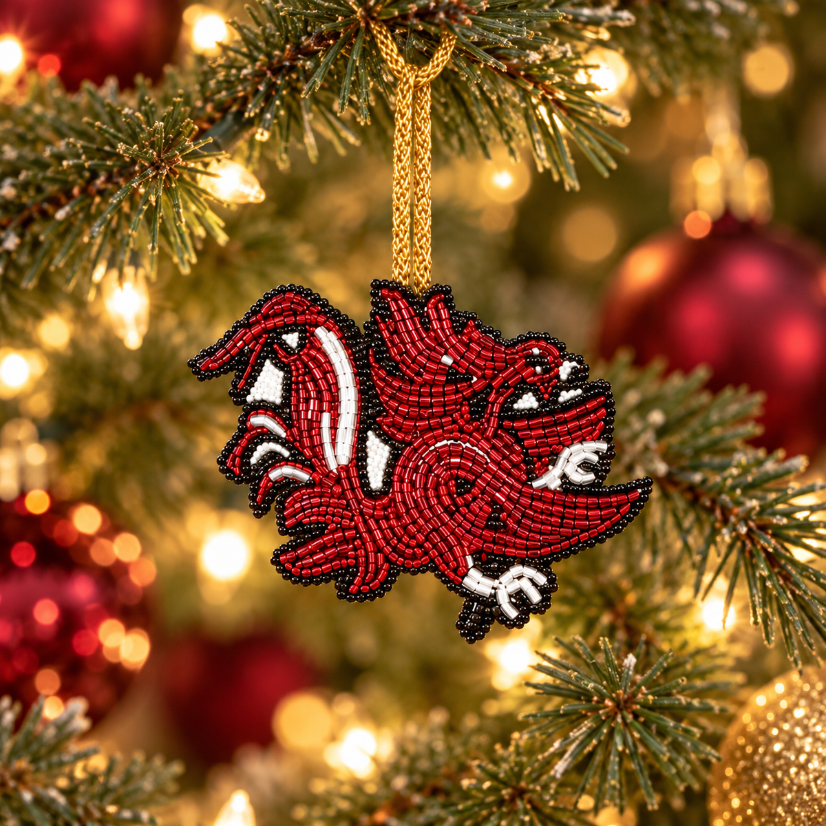 Beaded Gamecock charm hanging on a Christmas tree with warm lights and garnet and gold ornaments.