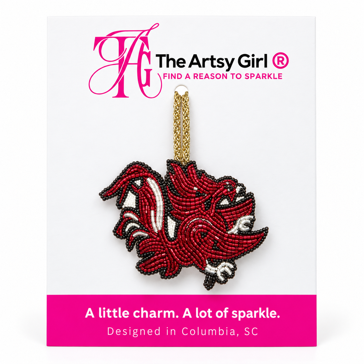 Garnet, black, and silver beaded Gamecock charm displayed on The Artsy Girl packaging card.