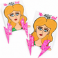 Pink glitter lightning bolt earrings displayed on two illustrated The Artsy Girl cards against a white background.