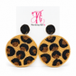 Round gold beaded leopard earrings with black and bronze spots and black beaded stud tops on The Artsy Girl card.