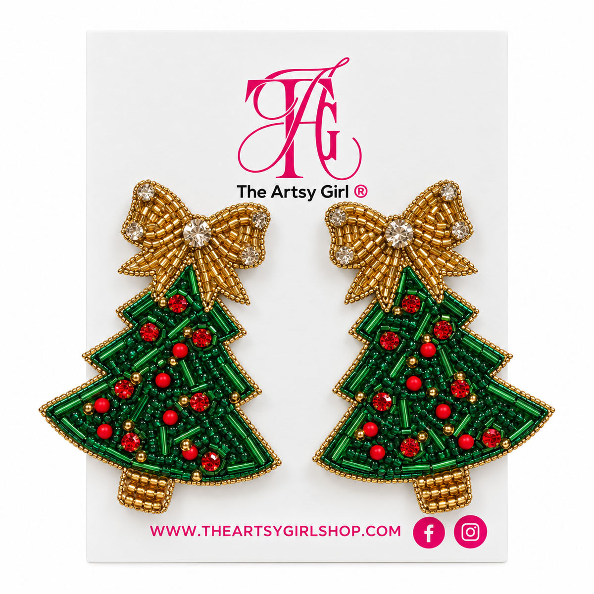 Green beaded Christmas Tree Earrings with red, green, and a gold bow stud topper. 