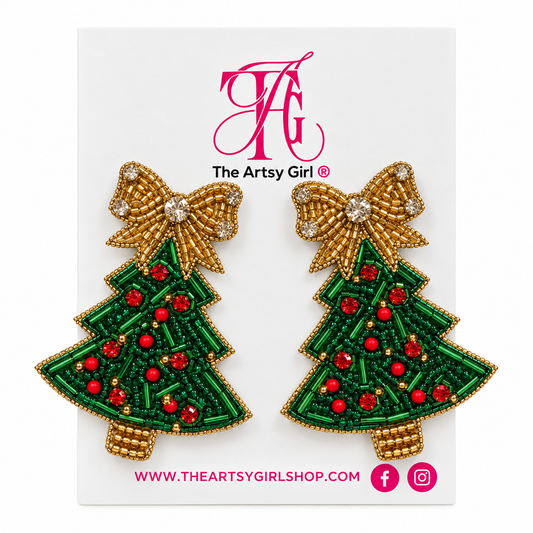 Green beaded Christmas Tree Earrings with red, green, and a gold bow stud topper. 