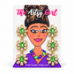 Three-tier floral drop earrings with green center stones, clear crystal petals, and gold settings on an illustrated Artsy Girl card.