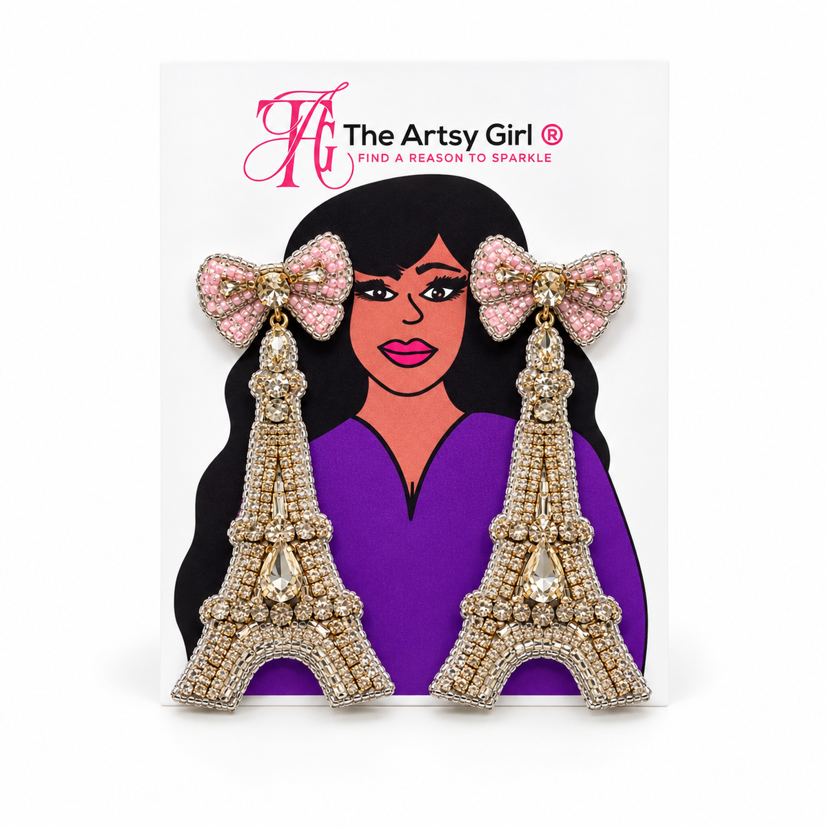 Crystal Eiffel Tower earrings with pink beaded bow studs on an illustrated The Artsy Girl card.
