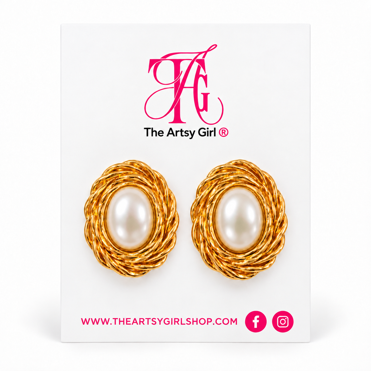 Oval pearl stud earrings with textured gold surrounds displayed on The Artsy Girl card.
