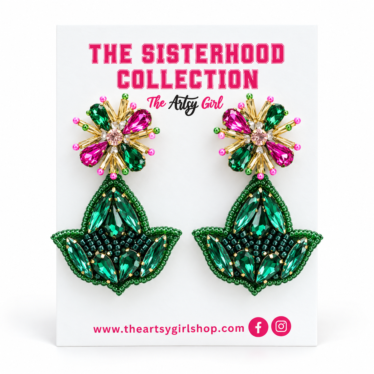 Emerald green beaded ivy leaf earrings with pink and green rhinestone tops on The Artsy Girl Sisterhood Collection card.