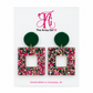 Emerald green round studs with pink, green, and gold glitter square-frame drops on The Artsy Girl card.