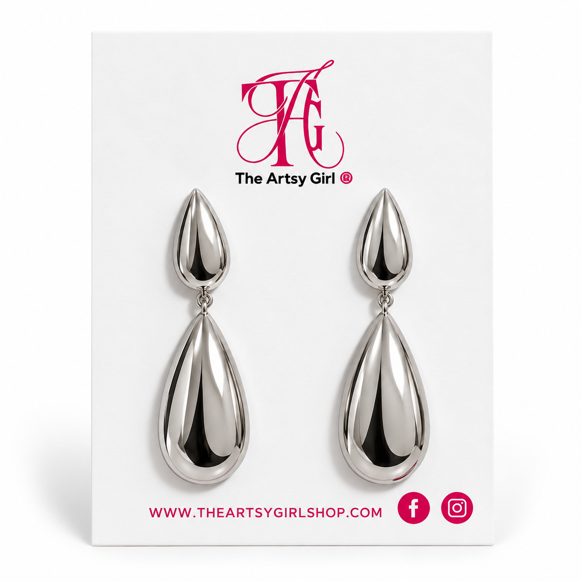 Polished silver double-teardrop earrings displayed on a white Artsy Girl card.