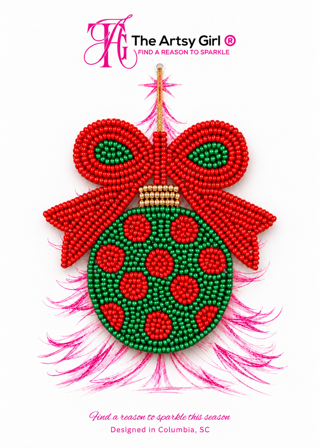 Green and red beaded Christmas bulb ornament displayed on The Artsy Girl packaging card featuring a pink sketched Christmas tree.
