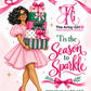 The Artsy Girl Holiday Card Set in a pink resealable stand-up pouch featuring an illustration of a woman in a pink dress carrying wrapped Christmas presents, with the text 'Tis the Season to Sparkle' and 'Holiday Card Set'.   