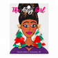 Hand-painted Christmas tree earrings with red and green accents and gold-tone star studs on an illustrated The Artsy Girl card.