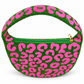 A green beaded crescent-shaped clutch bag with a bright pink leopard print pattern and a gold zipper pull, shown on a white background.