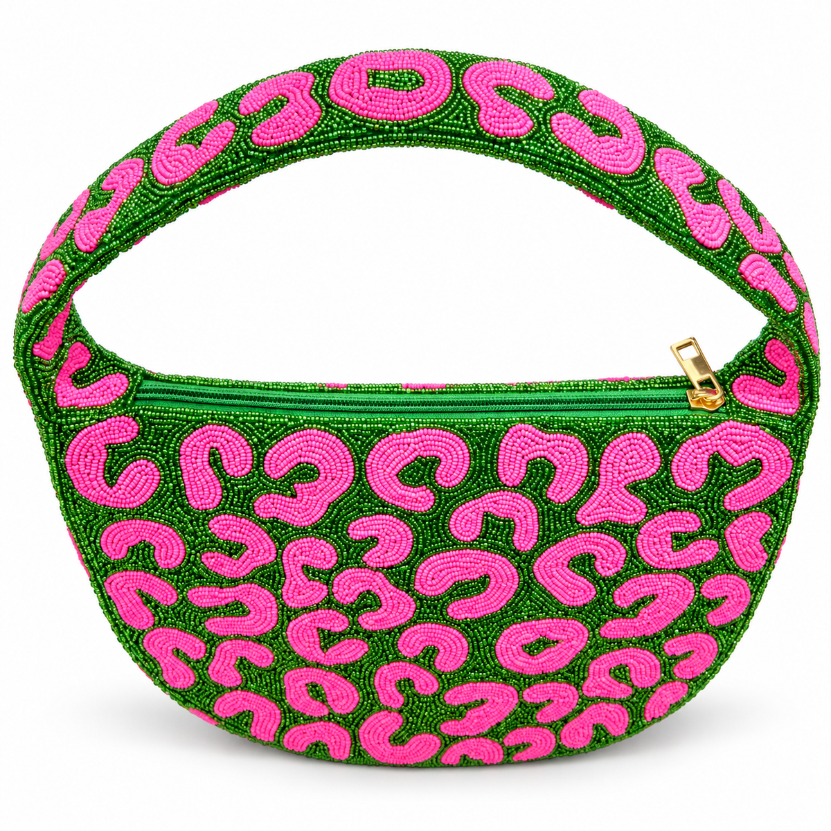 A green beaded crescent-shaped clutch bag with a bright pink leopard print pattern and a gold zipper pull, shown on a white background.