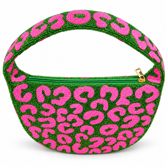 A green beaded crescent-shaped clutch bag with a bright pink leopard print pattern and a gold zipper pull, shown on a white background.